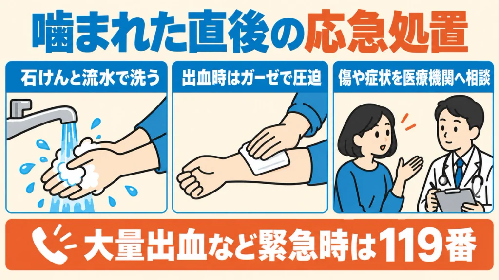 傷口を石けんと流水で洗い、出血時は清潔なガーゼで直接圧迫し、傷や症状を医療機関へ相談する図。大量出血など緊急時は119番。