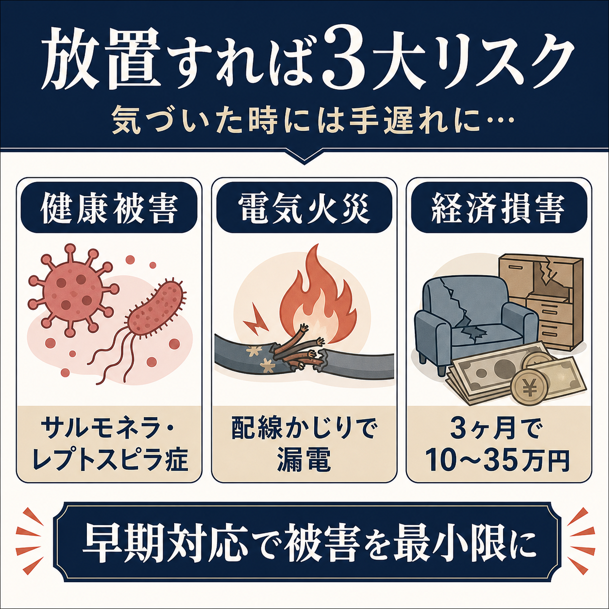 世田谷区でネズミ被害を放置した時の3大リスク|健康被害(サルモネラ・レプトスピラ症)・電気火災(配線かじりで漏電)・経済損害(3ヶ月で10〜35万円)のインフォグラフィック