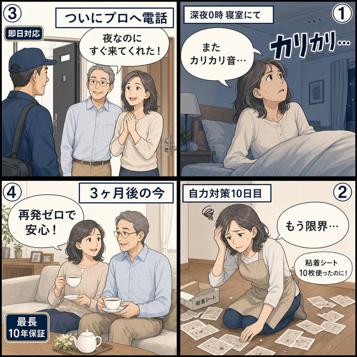 世田谷区在住の50代夫婦がネズミ被害に悩み業者依頼で3ヶ月後に再発ゼロまで到達する4コマ漫画