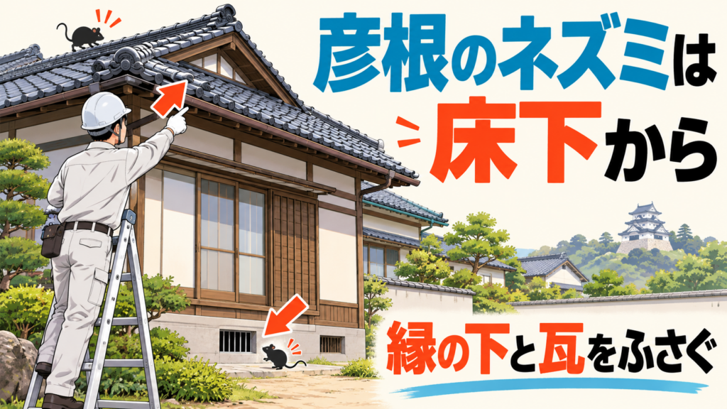 彦根市のネズミ駆除で入口になる瓦のすき間と縁の下の通風口を、はしごの上の作業員と矢印で示したアイキャッチ画像