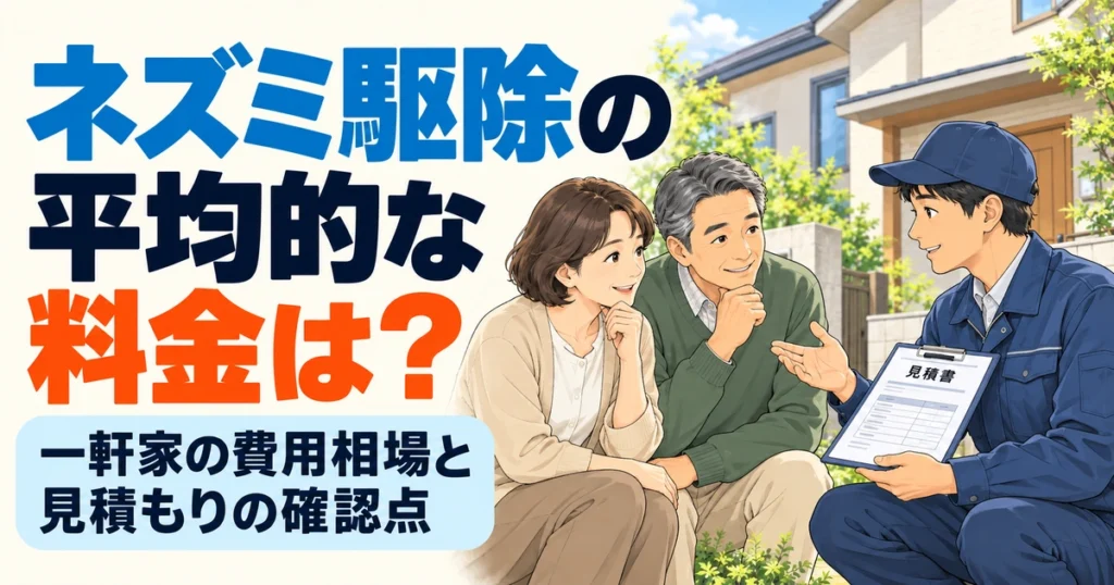 ネズミ駆除の平均的な料金と一軒家の費用相場・見積もりの確認点。専門スタッフから見積書の説明を受ける夫婦のイラスト。