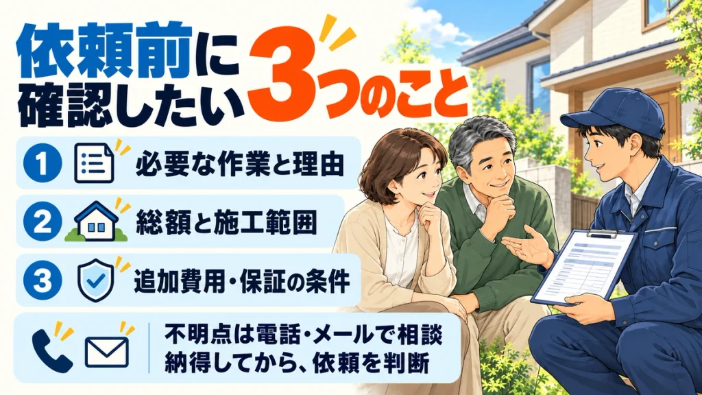 依頼前に必要な作業と理由、見積もりの総額と施工範囲、追加費用と保証の条件を確認。不明点は電話・メールで相談し、納得してから依頼を判断する。