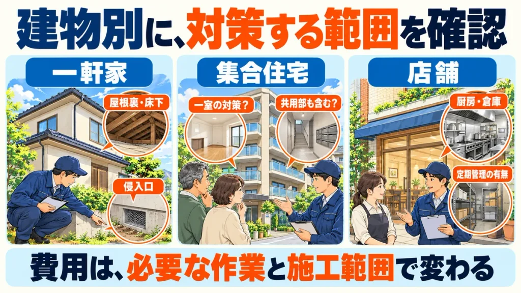 一軒家は屋根裏・床下・侵入口、集合住宅は一室か共用部も含むか、店舗は厨房・倉庫と定期管理の有無を確認。費用は必要な作業と施工範囲で変わる。