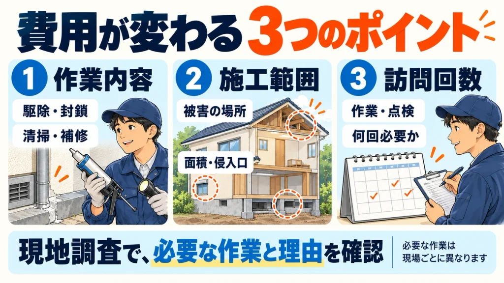 ネズミ駆除の費用を左右する作業内容、施工範囲、訪問回数を図解。現地調査で必要な作業とその理由を確認する。