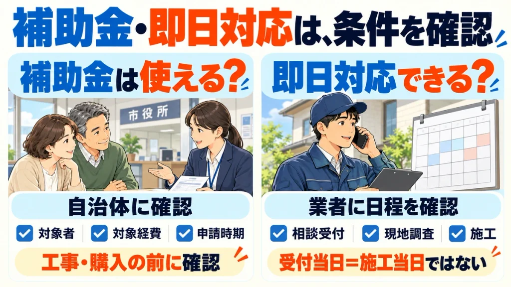 補助金は自治体に対象者・対象経費・申請時期を確認。即日対応は業者に相談受付・現地調査・施工それぞれの日程を確認する。