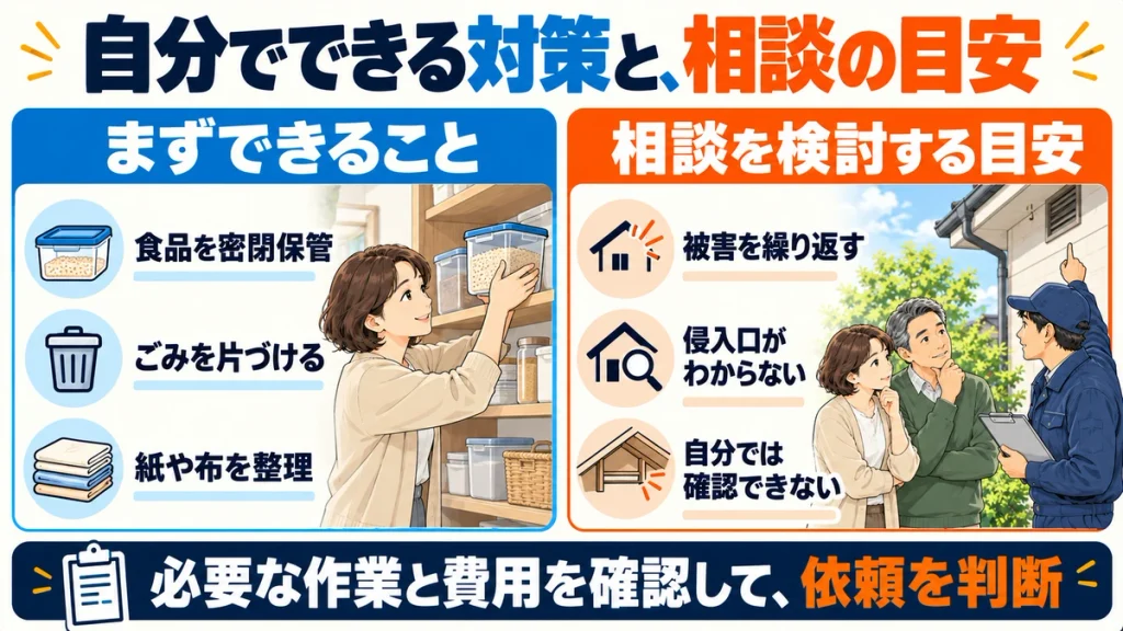 食品の密閉保管、ごみの片づけ、紙や布の整理は自分で取り組める対策。被害を繰り返す、侵入口が不明、確認できない場所がある場合は業者への相談を検討する。