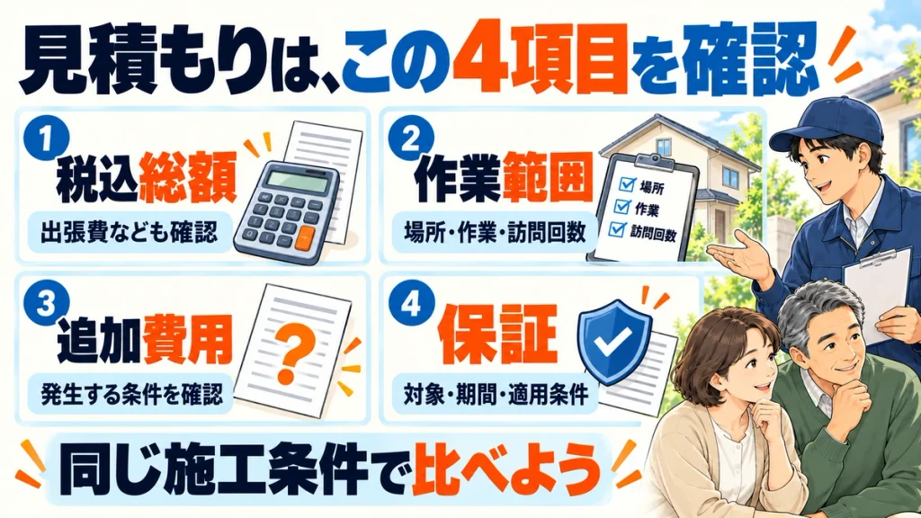 見積もりの比較では税込総額、作業範囲、追加費用の条件、保証の対象と期間を確認。同じ施工条件で比べるためのチェックリスト。