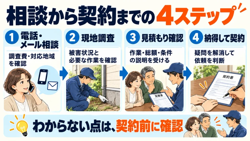 電話・メール相談、現地調査、見積もりの確認、納得して契約の4ステップ。相談時に調査費や対応地域、契約前に作業内容・総額・条件を確認する。