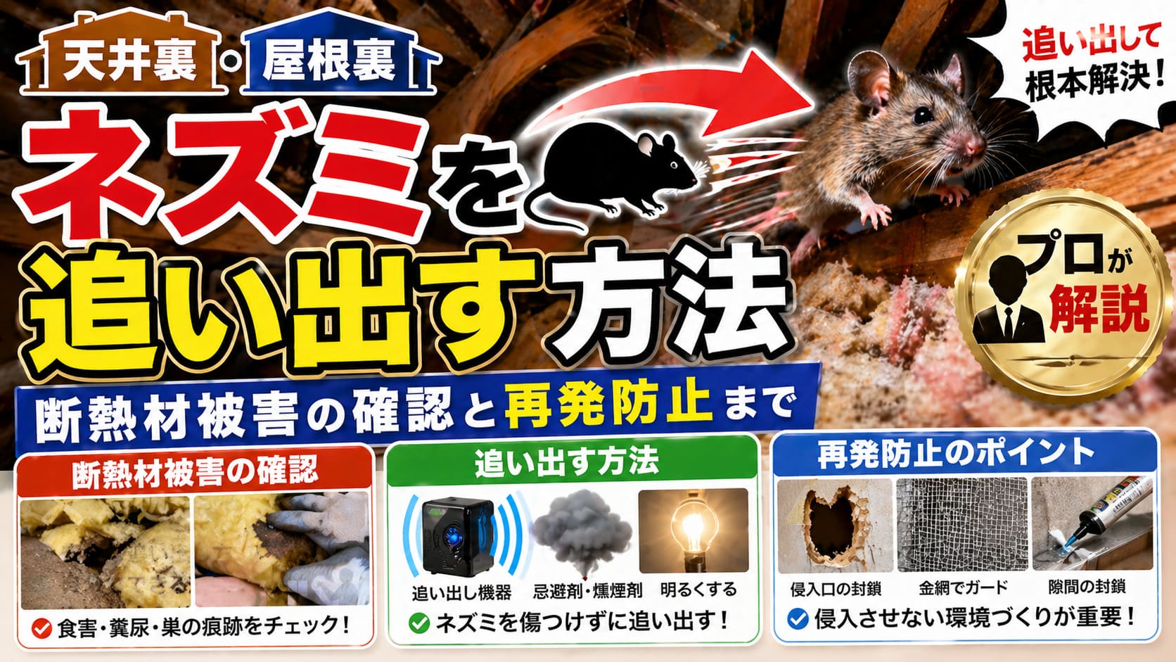 ネズミを天井裏・屋根裏から追い出す方法｜断熱材被害の確認と再発防止までプロが解説