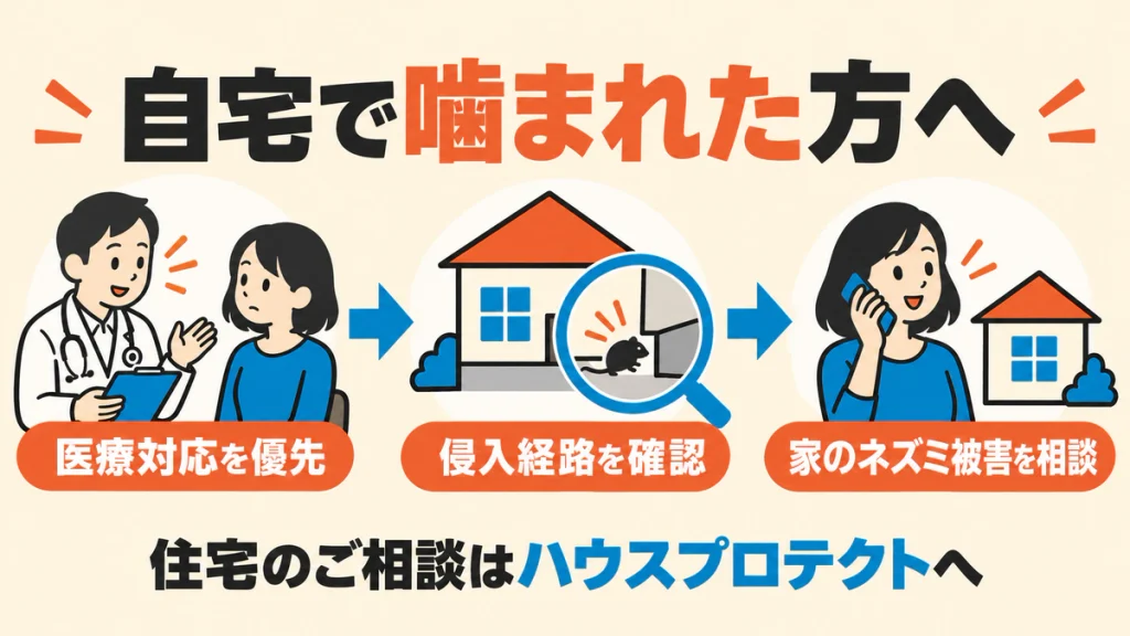 自宅で噛まれた場合は医療対応を優先し、その後に侵入経路の記事を確認して、家のネズミ被害をハウスプロテクトへ相談する流れを示した図。