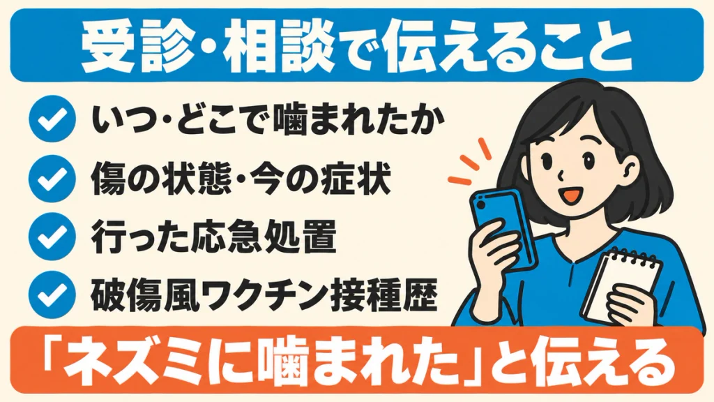 医療機関にはネズミに噛まれたことに加え、噛まれた日時と場所、傷の状態と症状、行った応急処置、破傷風ワクチン接種歴を伝えるチェックリスト。