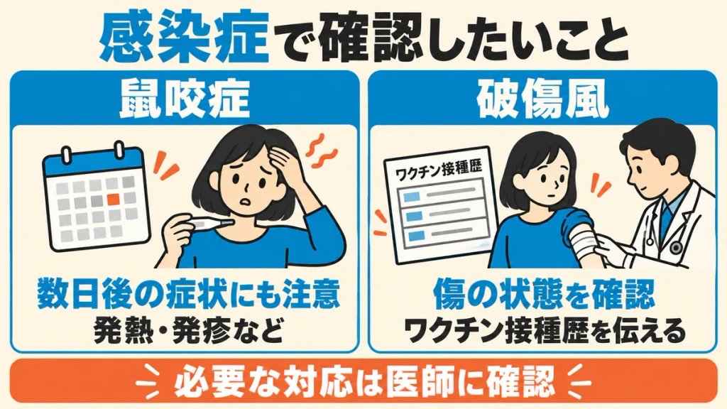 鼠咬症では数日後の発熱や発疹などに注意し、破傷風では傷の状態とワクチン接種歴を医師に伝えることを示した図。