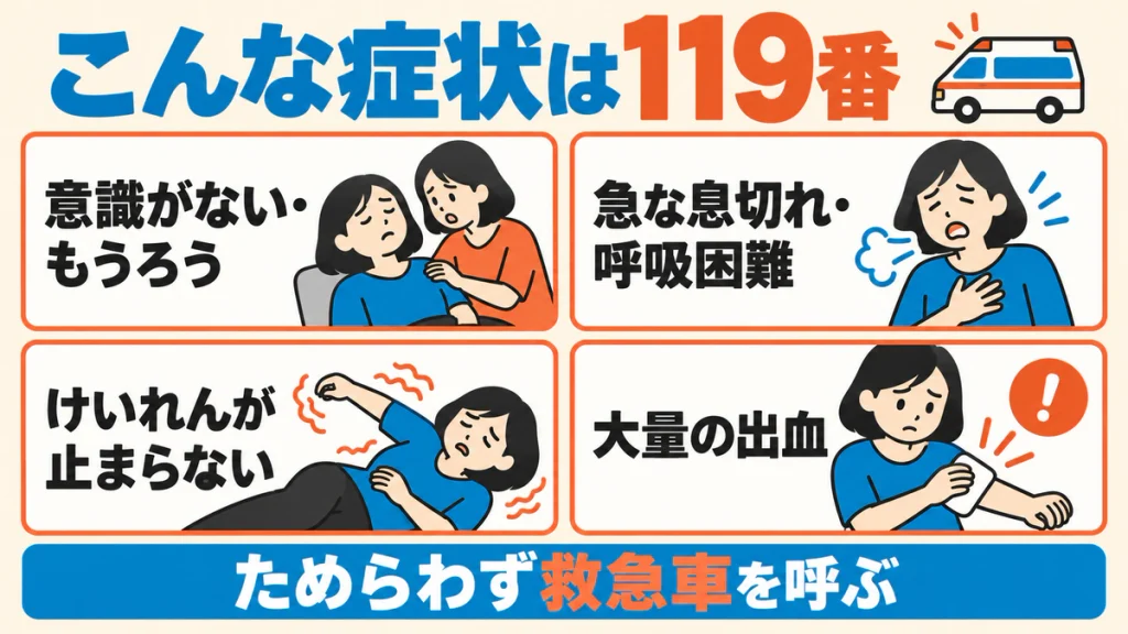 意識がない・もうろうとしている、急な息切れ・呼吸困難、止まらないけいれん、大量出血の4つを緊急症状として示した図。