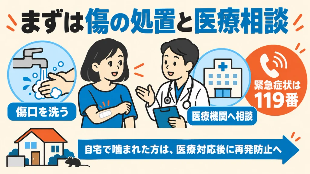 ネズミに噛まれたら傷の処置と医療相談を優先し、緊急症状は119番へ。自宅で噛まれた場合は医療対応後に再発防止を進めるという優先順位を示した図。