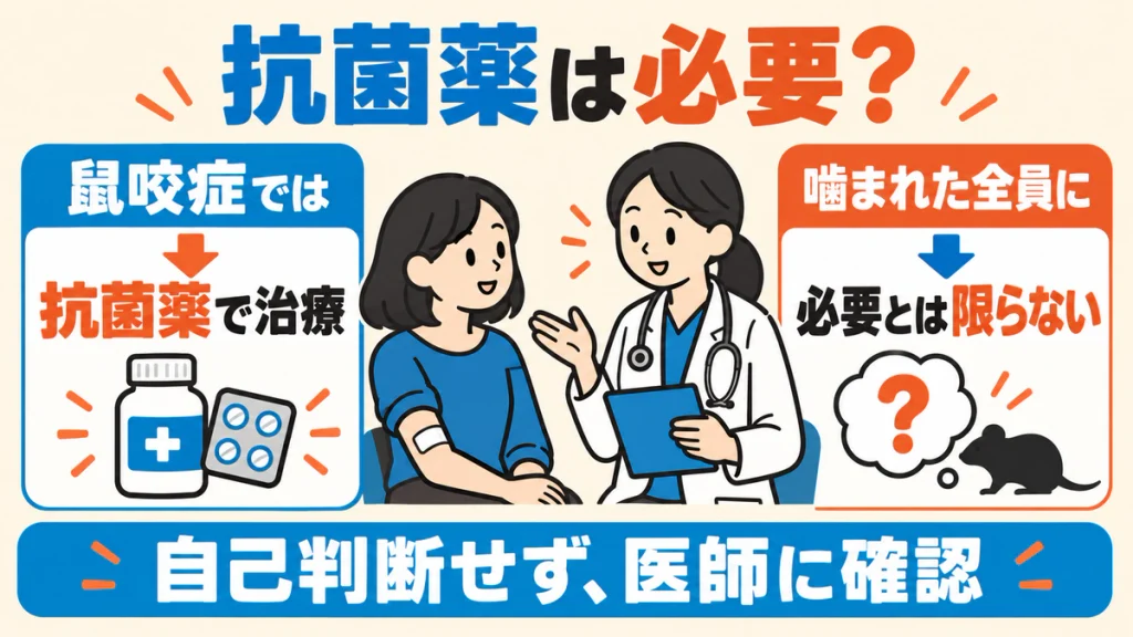 抗菌薬は傷や症状を診察した医師が必要性を判断する。鼠咬症では抗菌薬治療が行われるが、噛まれた全員に必要とは限らないことを示した図。