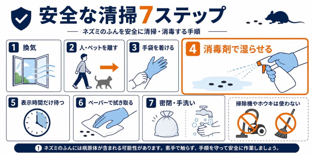 ネズミのふんを安全に清掃・消毒する手順