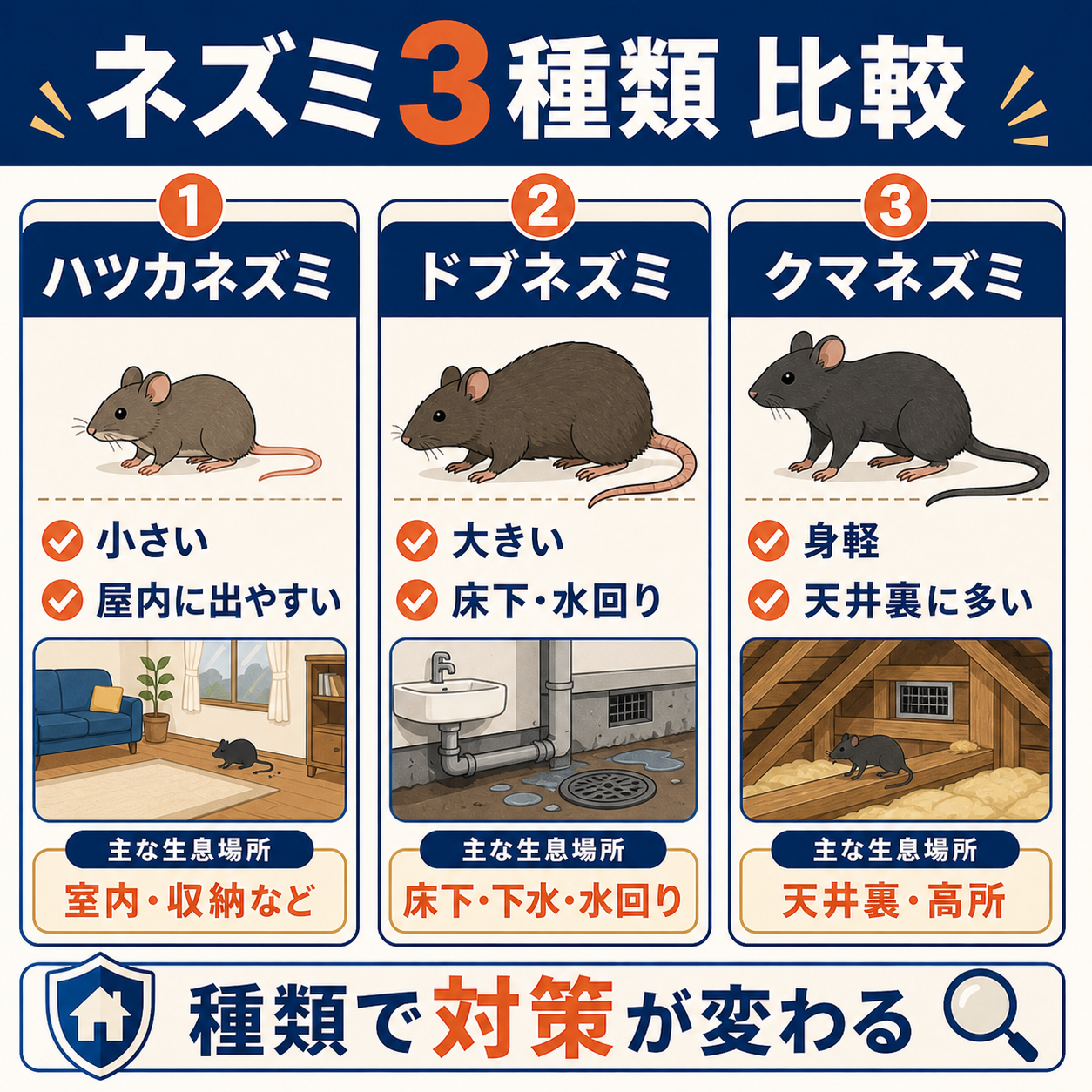 ハツカネズミ・ドブネズミ・クマネズミの体格と特徴を比較する正方形イラスト