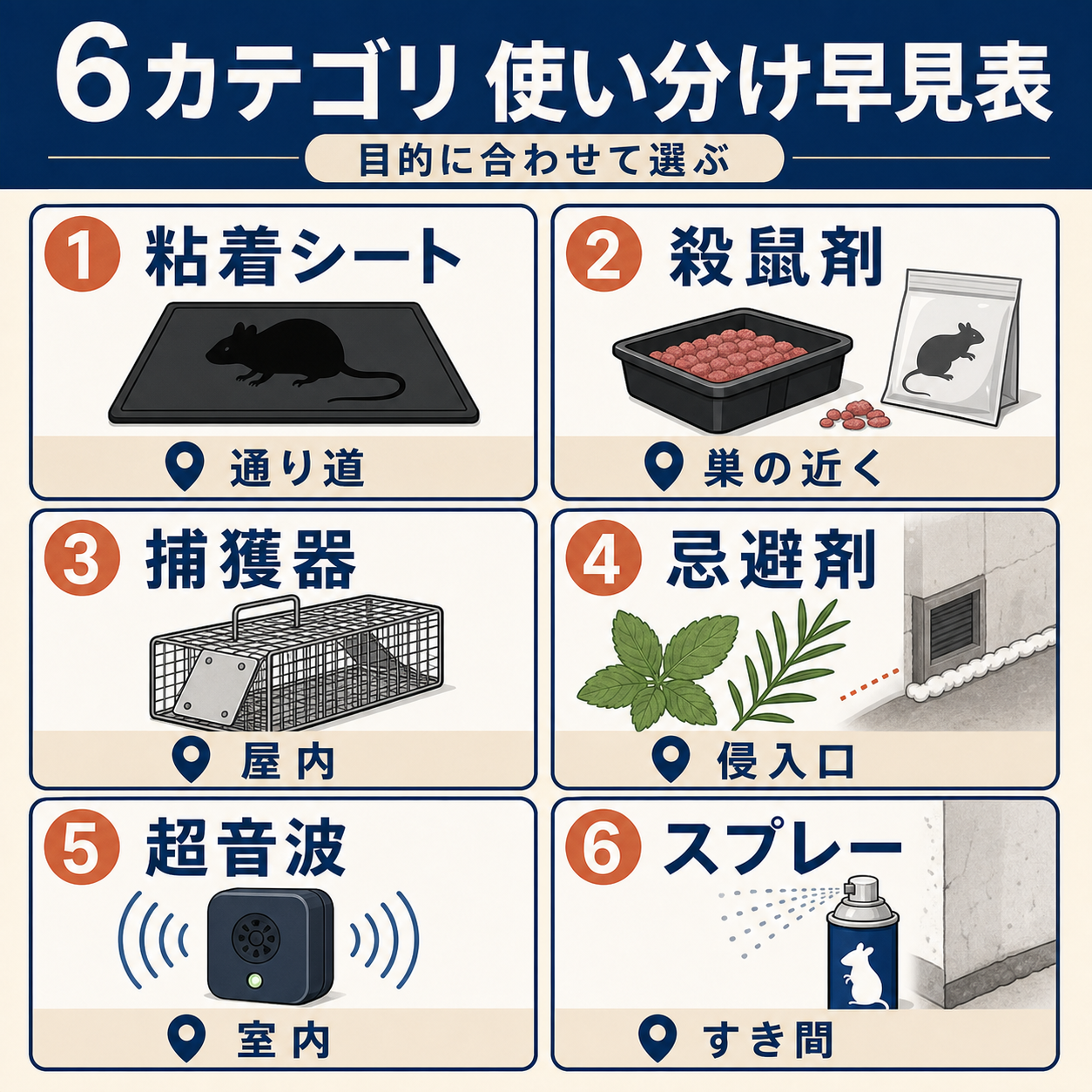 ネズミ駆除市販品6カテゴリ（粘着・殺鼠・捕獲・忌避・超音波・スプレー）の使い分け図解