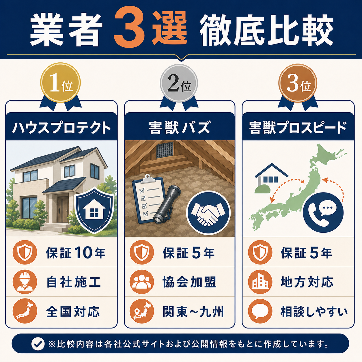 ハウスプロテクト・害獣BUZZ・害獣プロスピード ネズミ駆除業者BEST3の比較イラスト