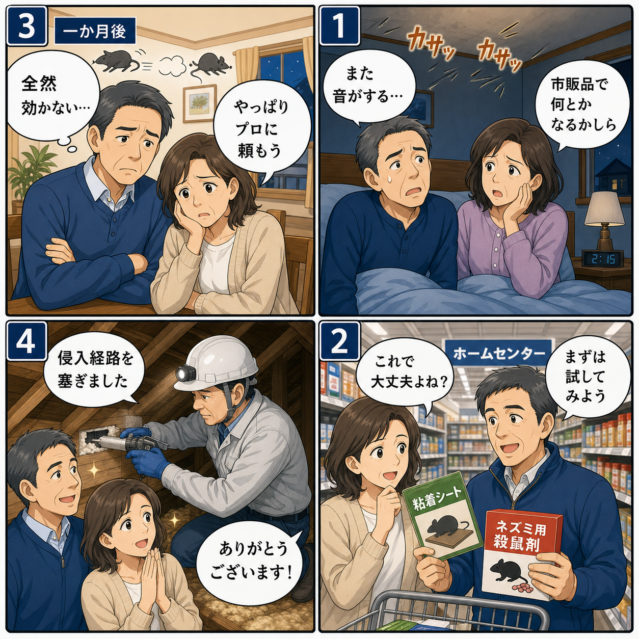 ネズミ駆除おすすめを市販品と業者で迷う50代夫婦の4コマ漫画