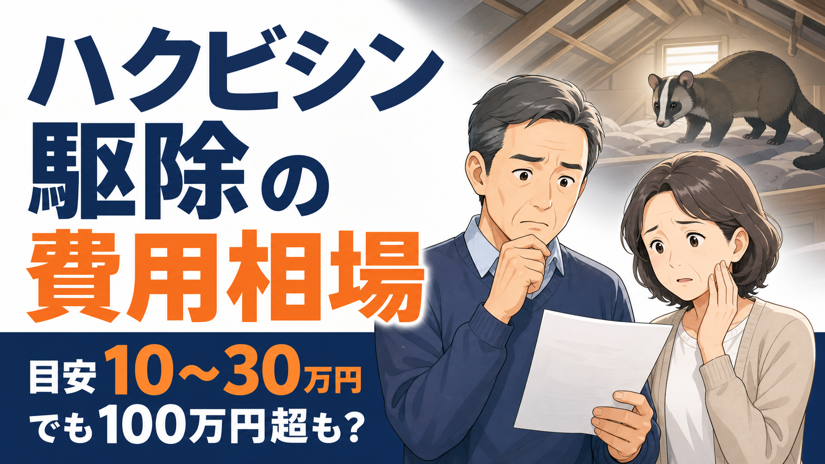 ハクビシン駆除の費用相場を解説するアイキャッチ。見積書に悩む50代夫婦と費用の目安