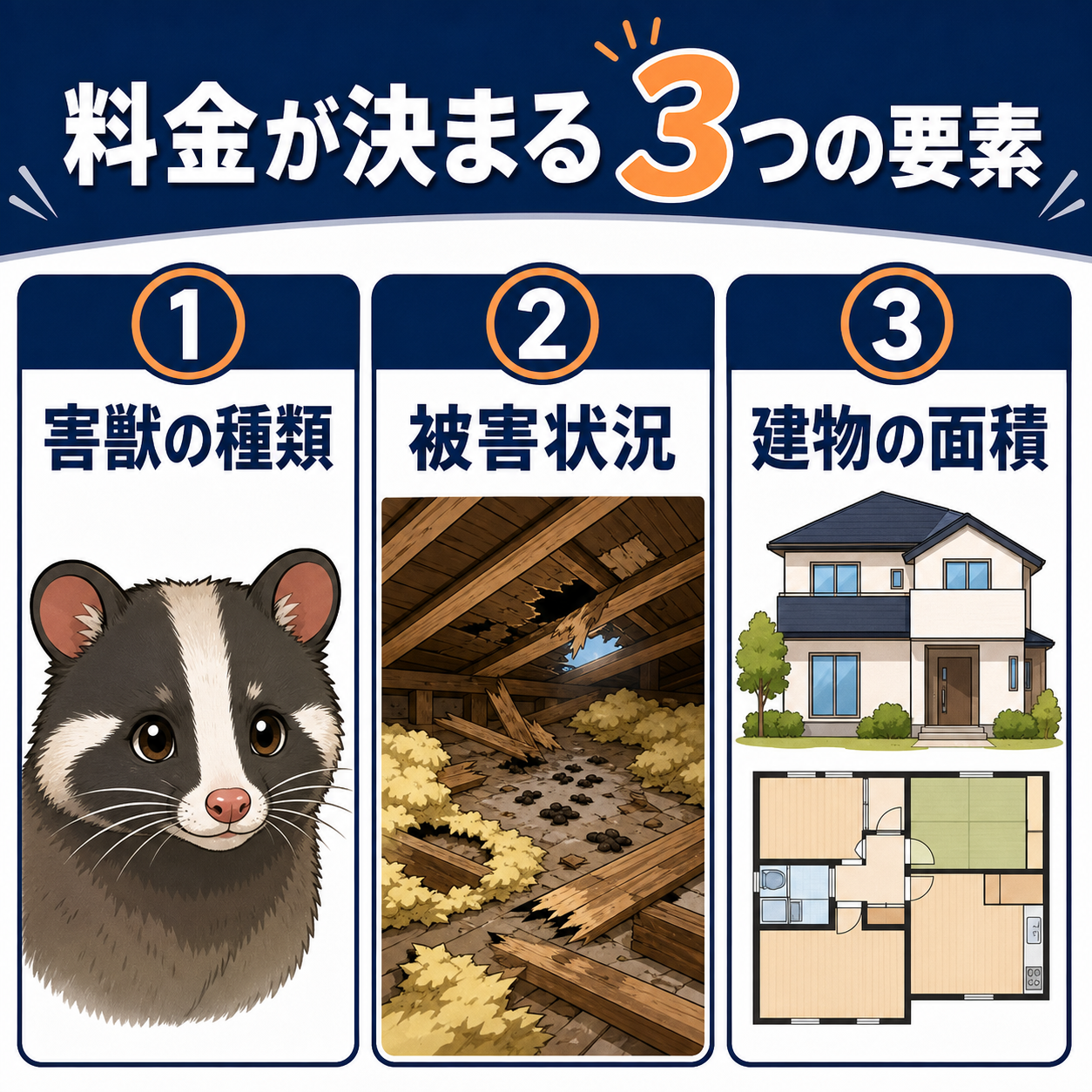 ハクビシン駆除の費用が高くなる3つの要素 害獣の種類・被害状況・建物の面積を示した図解