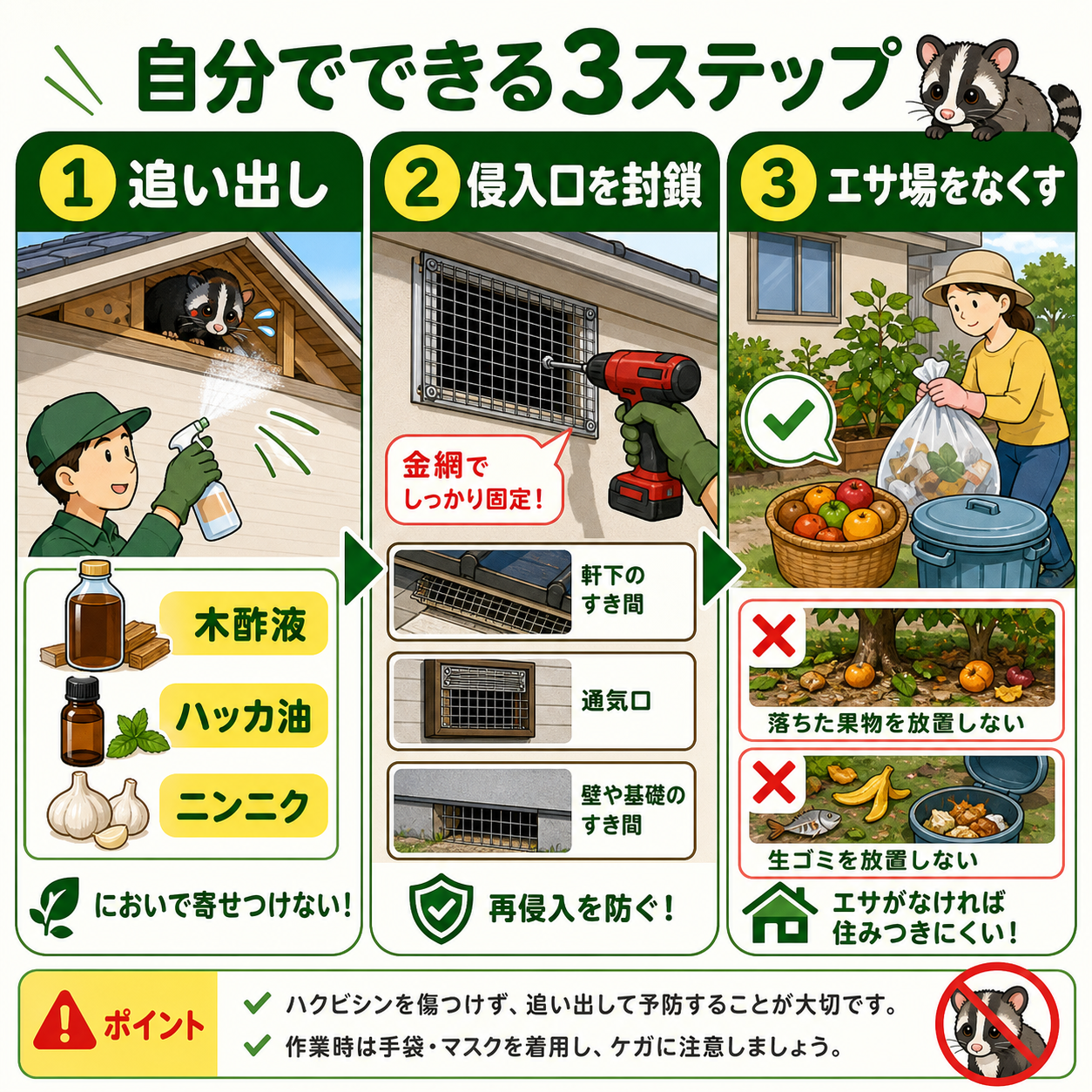 ハクビシンを自分で追い出す忌避剤と侵入口封鎖の手順を示したSTEP図解