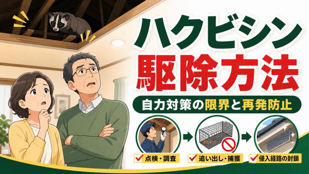 ハクビシン駆除方法は自分でできるか解説するアイキャッチ。困る50代夫婦と天井裏のハクビシン