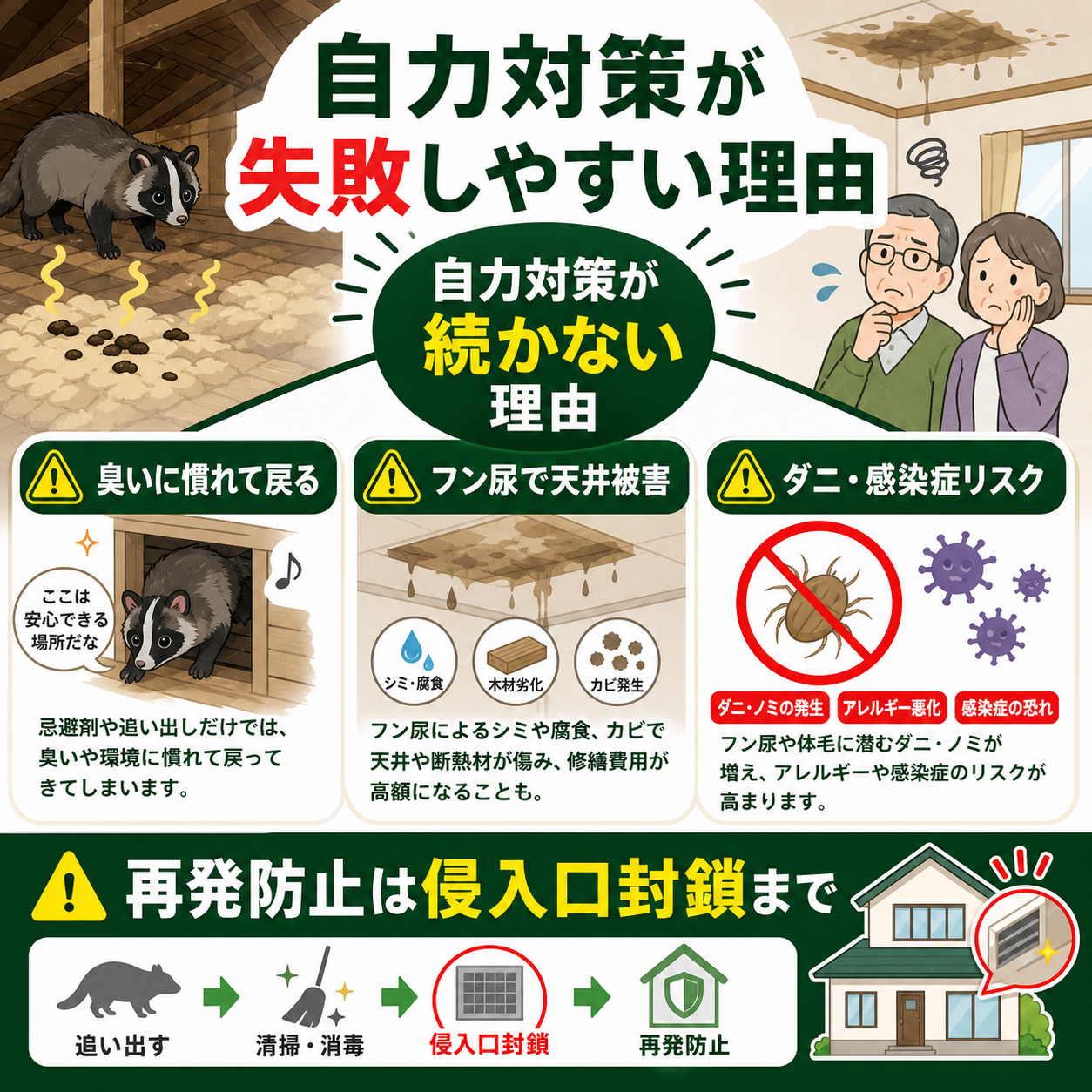 ハクビシンの自力駆除が失敗する理由と屋根裏被害・感染症リスクを示した図解