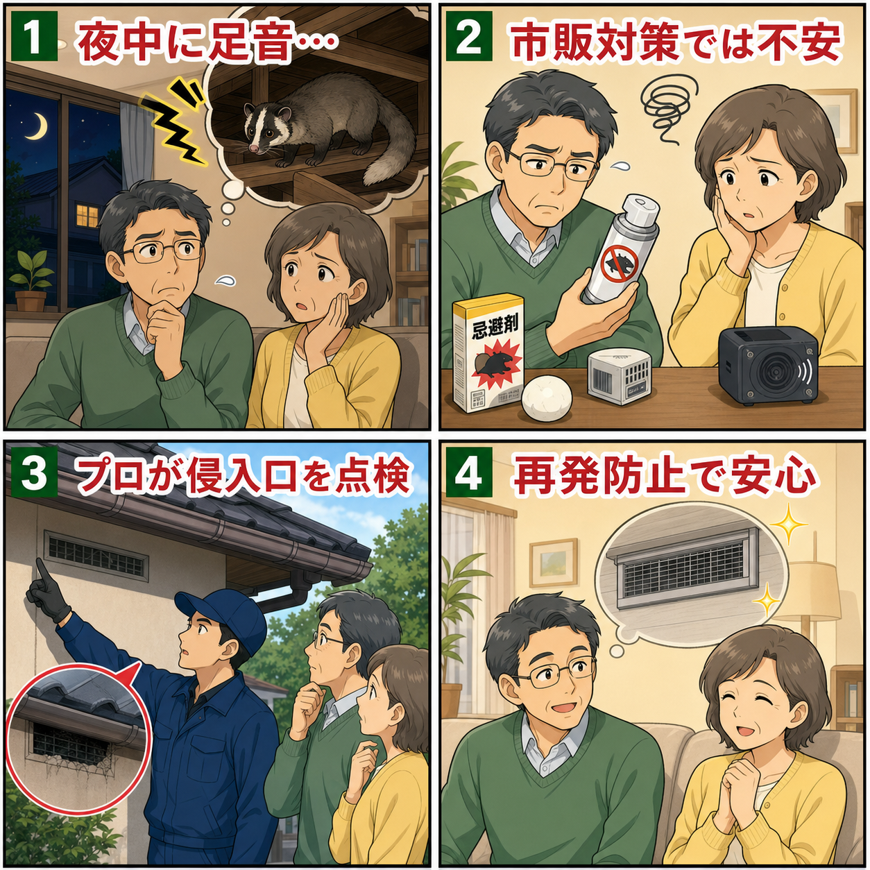 ハクビシン駆除方法に悩む夫婦が自力対策に失敗し業者に依頼して解決する4コマ漫画