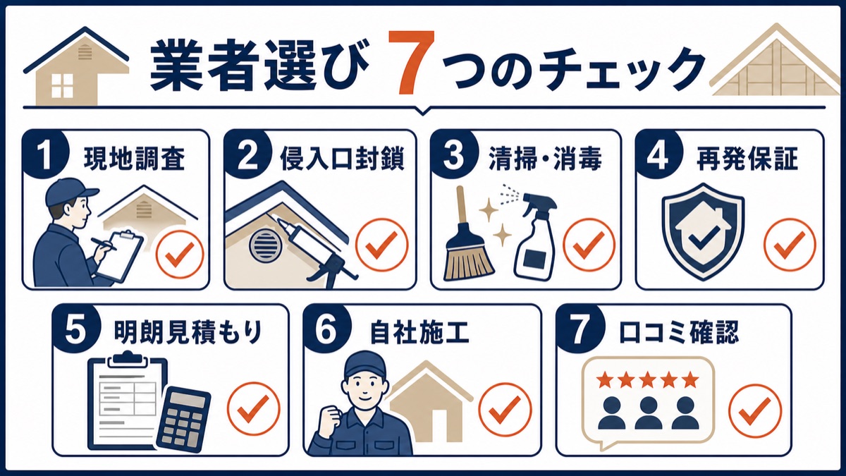 イタチ駆除業者を選ぶ7つのチェックポイント（現地調査・侵入口封鎖・清掃消毒・再発保証・明朗見積もり・自社施工・口コミ確認）