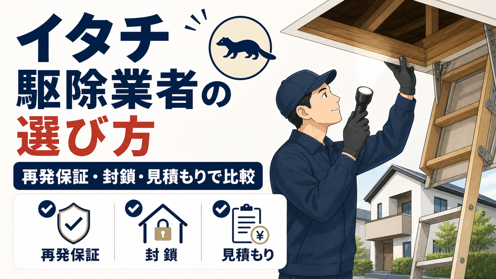 イタチ駆除業者の選び方を再発保証・封鎖・見積もりで比較するアイキャッチ画像