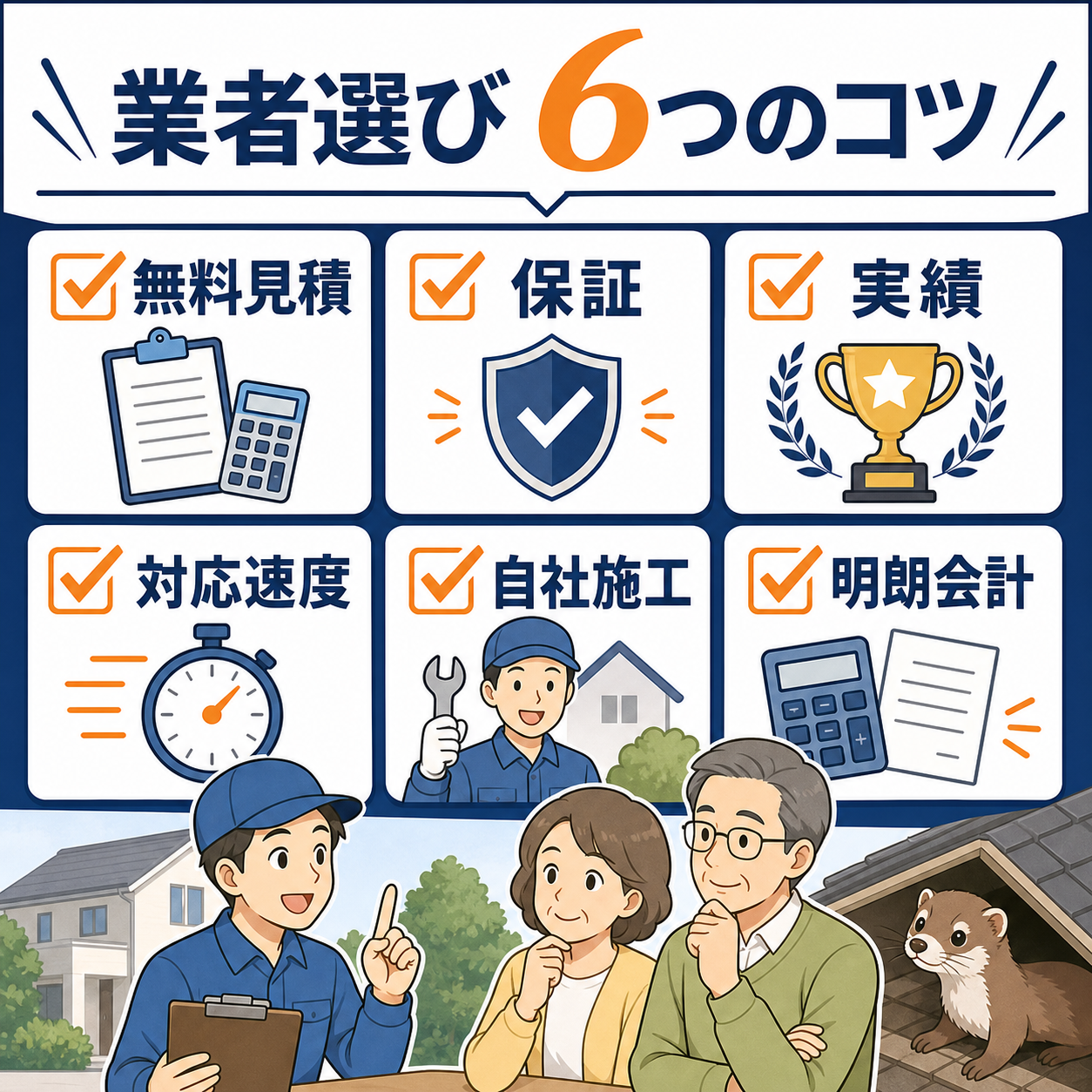 後悔しないイタチ駆除業者の選び方6つのチェックポイント（無料見積り・保証・実績・対応速度・自社施工・明朗会計）を整理した図解