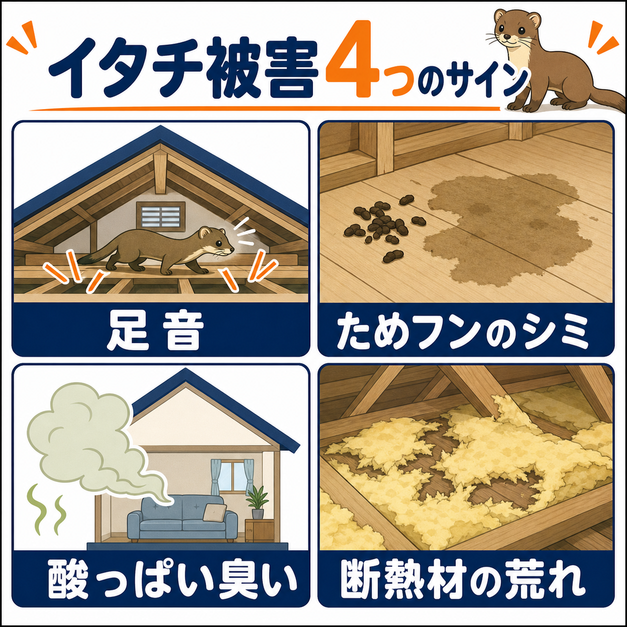 イタチ被害のサイン（天井裏の足音・糞尿のシミ・酸っぱい臭い・断熱材の荒れ）をまとめたチェック図解