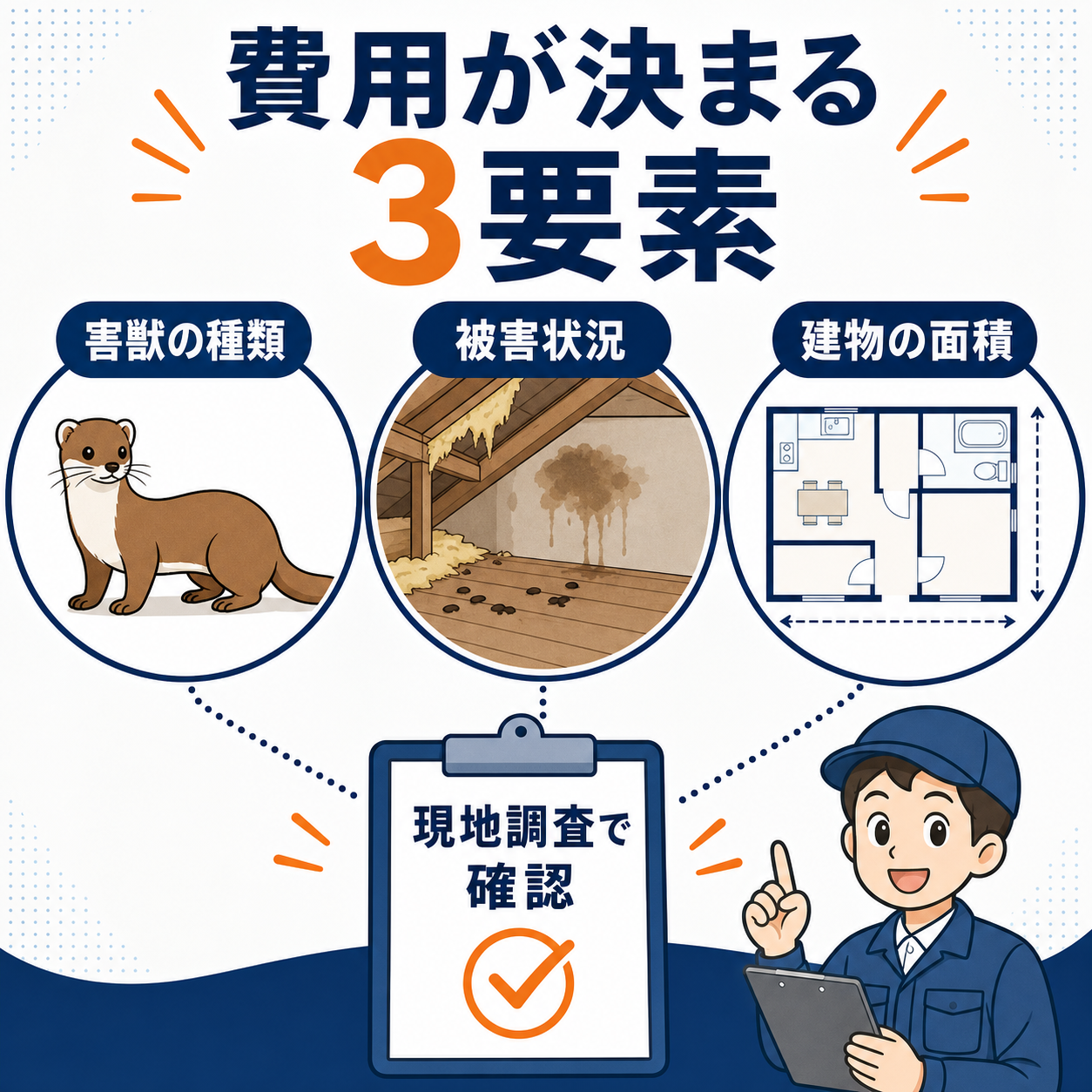 イタチ駆除の費用が害獣の種類・被害状況・建物の面積の3要素で決まることを示した図解