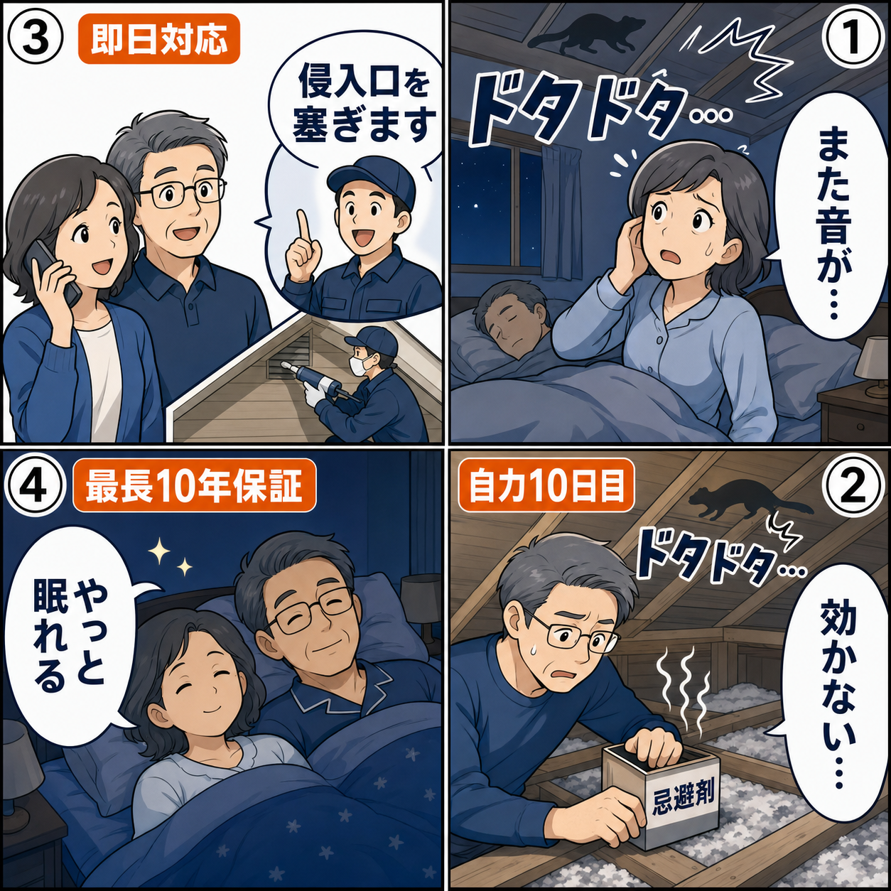天井裏のイタチに悩む50代夫婦が市販品で失敗しプロのイタチ駆除で解決する4コマ漫画