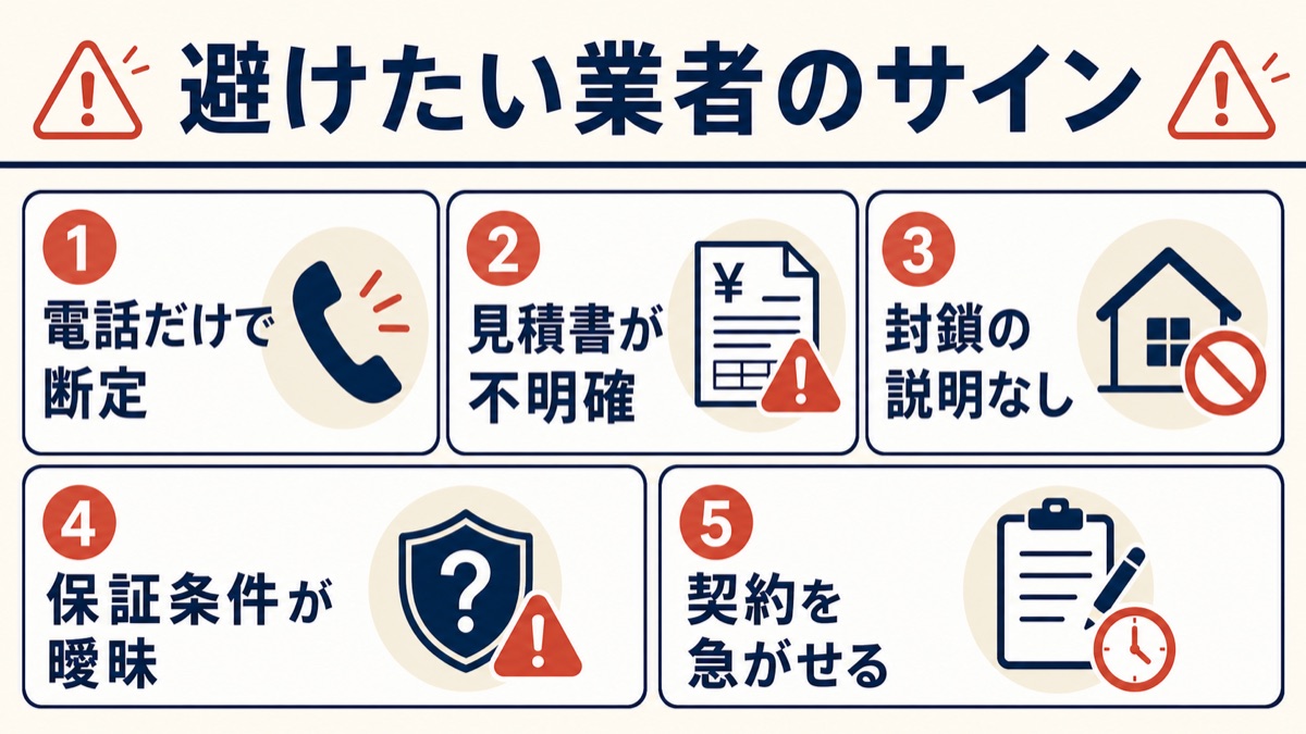 避けたいイタチ駆除業者のサイン（電話だけで断定・見積書が不明確・封鎖の説明なし・保証条件が曖昧・契約を急がせる）