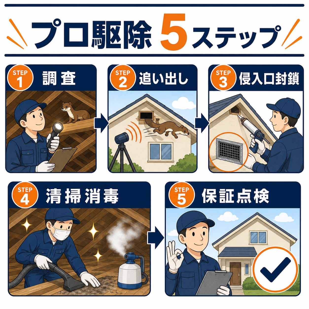 プロのイタチ駆除の流れを調査・追い出し・侵入口封鎖・清掃消毒・保証点検の5ステップで示したフロー図解