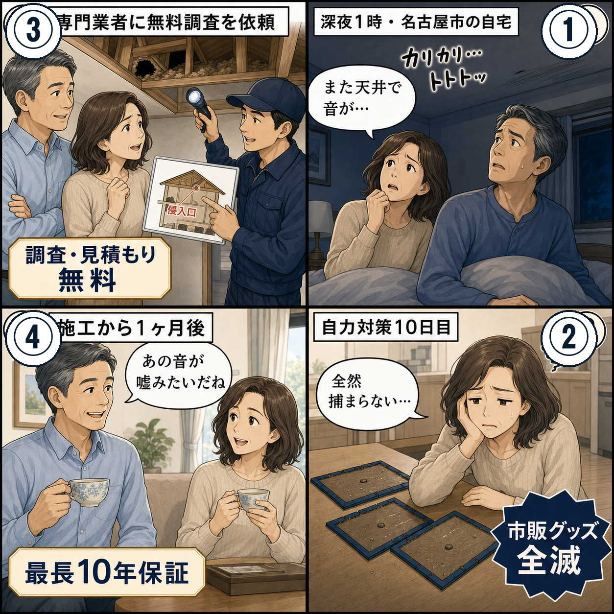 名古屋の50代夫婦が天井裏のネズミ被害を業者依頼で解決する4コマ漫画