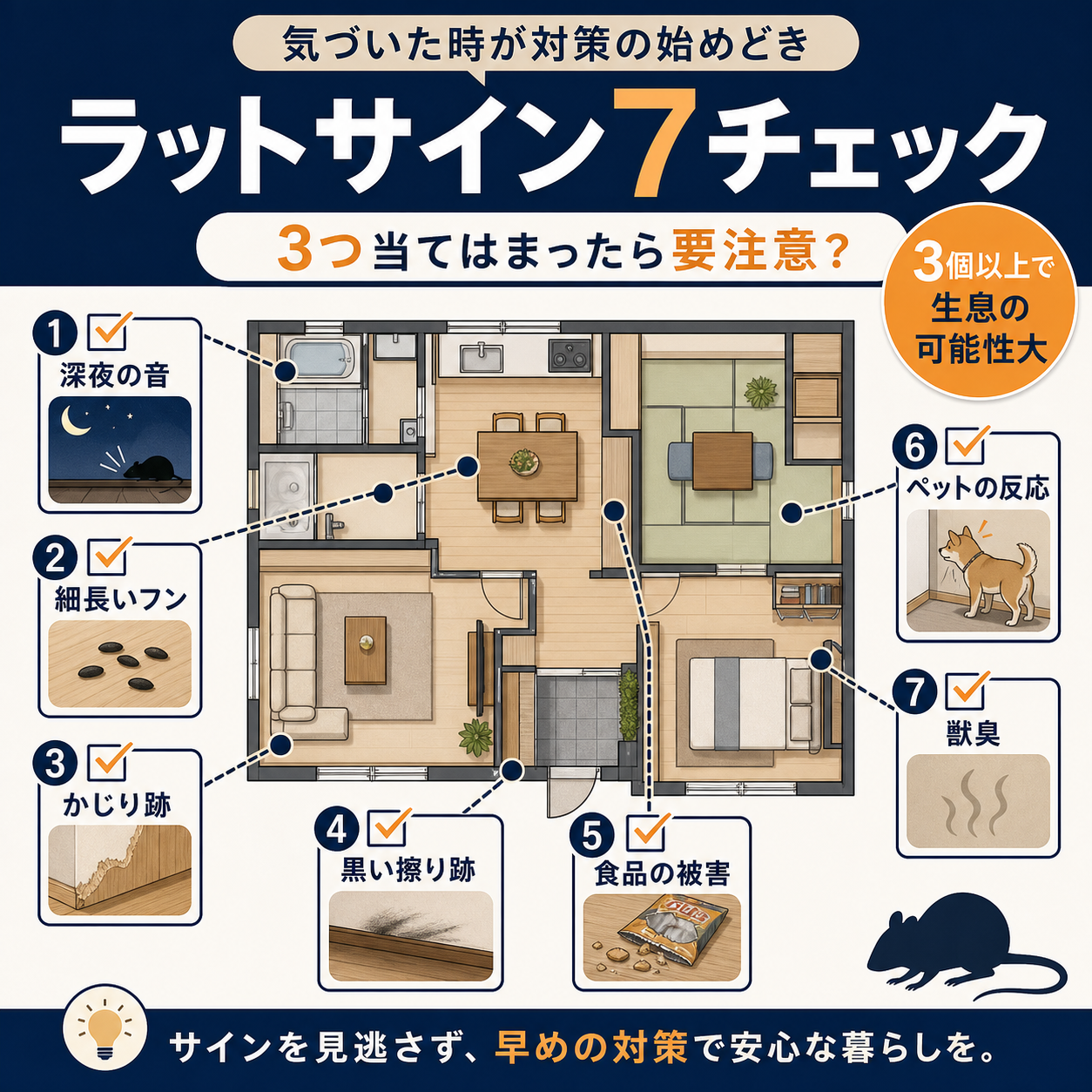 家にネズミがいるか確かめるラットサイン7つのチェック図解