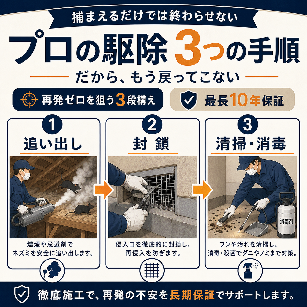 ネズミ駆除施工の流れ（追い出し・侵入口封鎖・清掃消毒）3ステップ図解