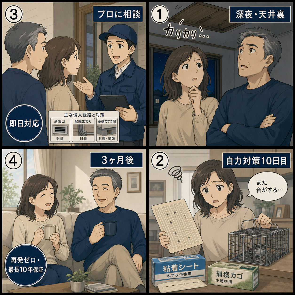 横浜市鶴見区在住の50代夫婦が天井裏のネズミ被害から業者依頼で3ヶ月後に再発ゼロまで解決する4コマ漫画