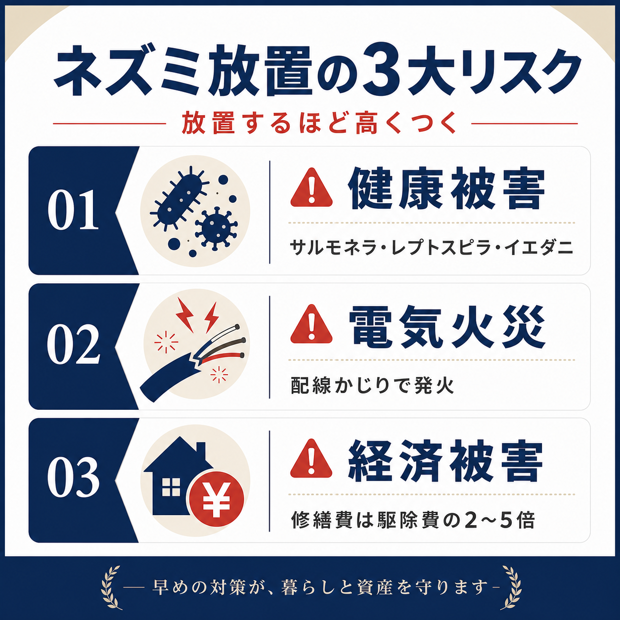横浜でネズミ被害を放置した時の3大リスク｜健康被害・電気火災・経済被害のインフォグラフィック