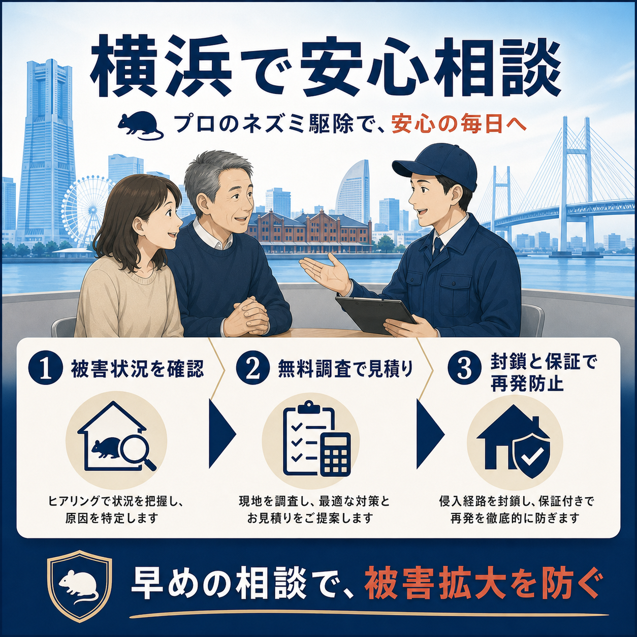 横浜でネズミ被害を確認し、無料調査で見積り、封鎖と保証で再発防止する相談フローの図解