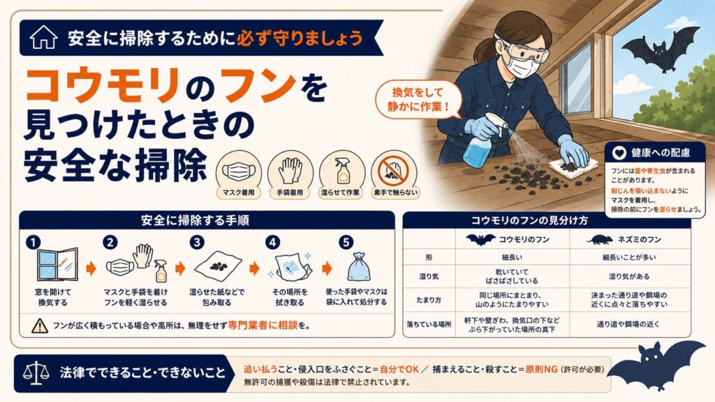 コウモリのフンを見つけたときの安全な掃除