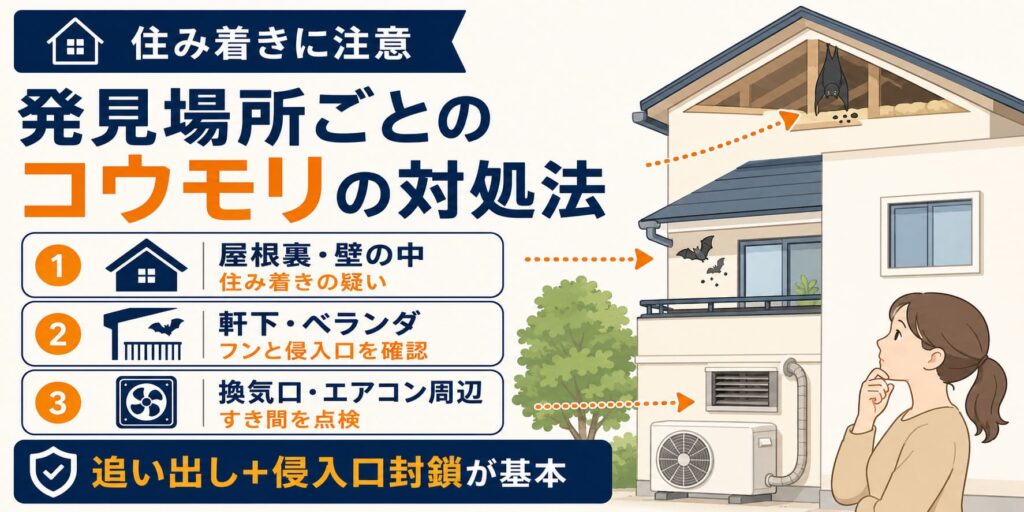 発見場所ごとのコウモリの対処法
