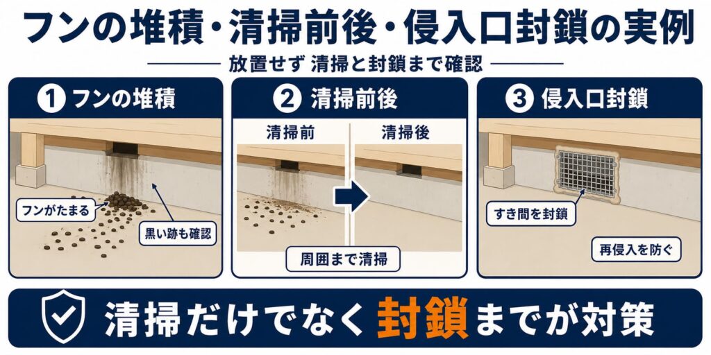 フンの堆積・清掃前後・侵入口封鎖の実例