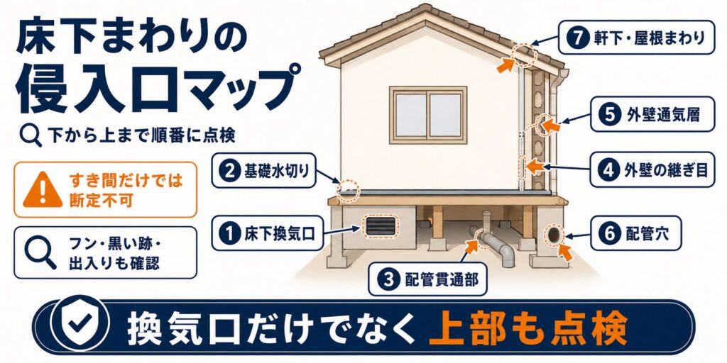 床下周辺を含む住宅の侵入口マップ