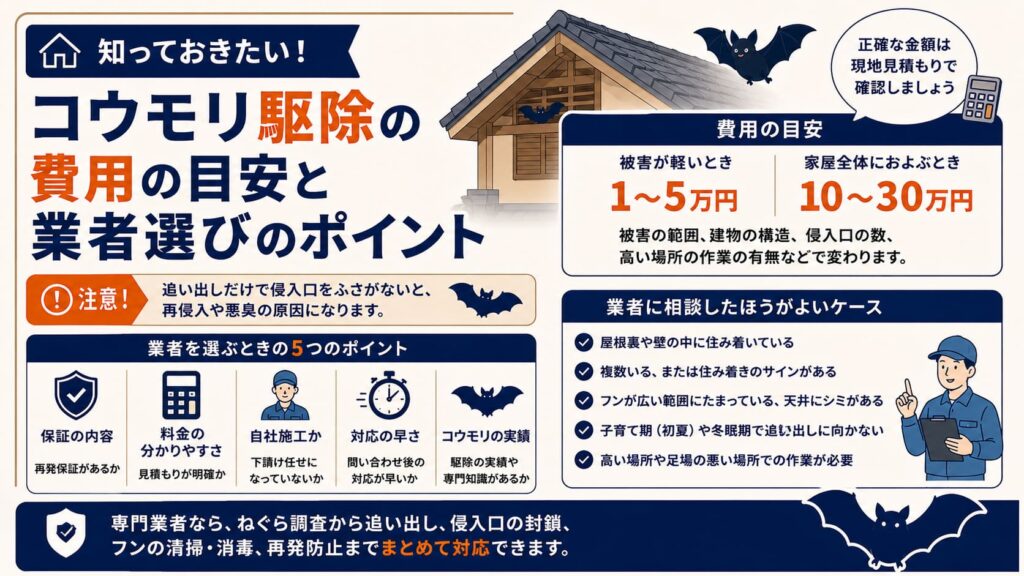 コウモリ駆除の費用の目安と業者選びのポイント