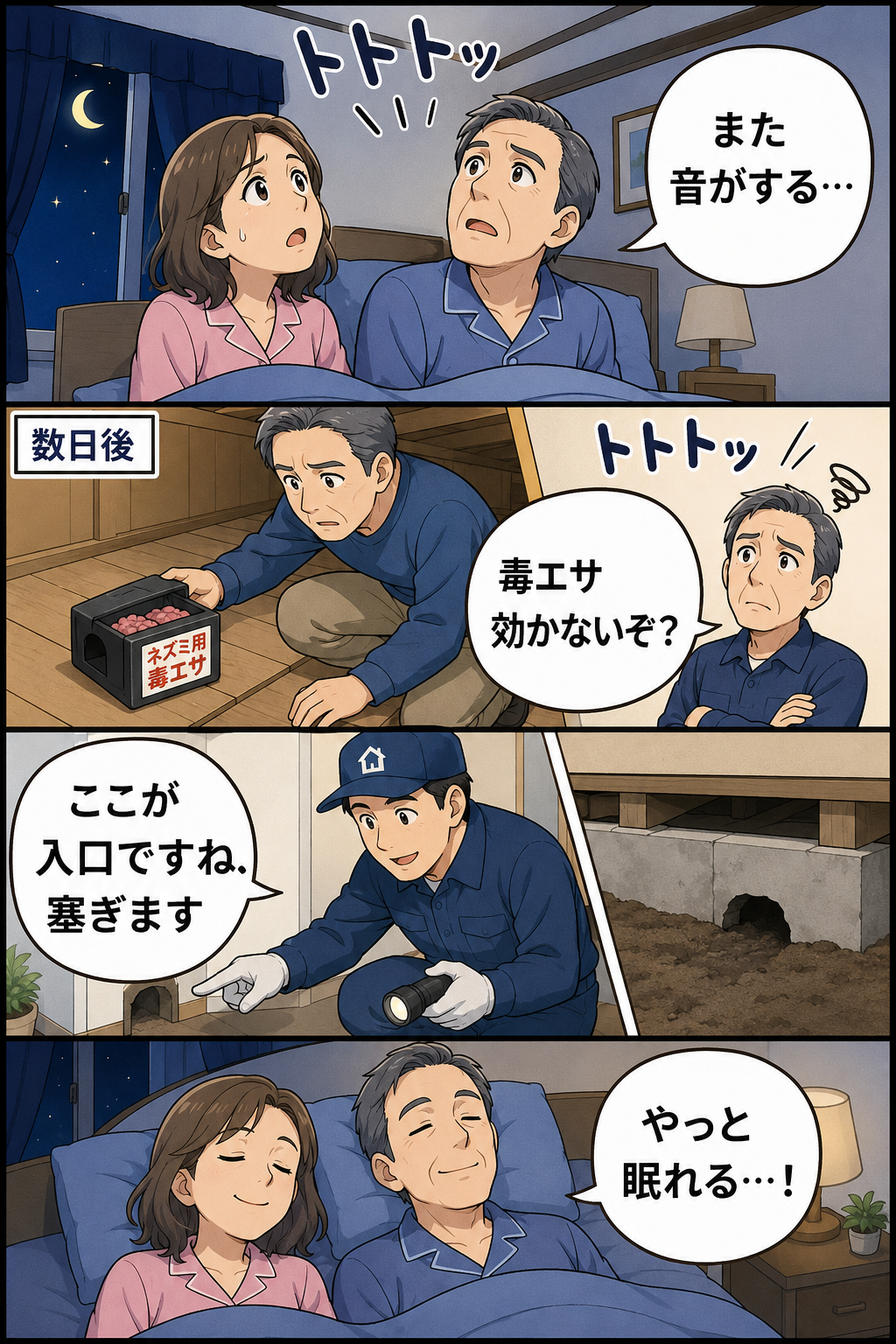 足立区の夫婦が天井裏のネズミの物音に悩み、自力対策に失敗してハウスプロテクトに相談し解決する4コマ漫画